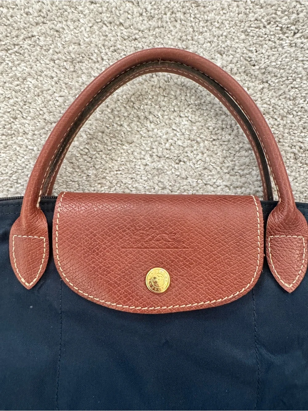 Longchamp Le Pliage Small Navy Tote with Brown Leather Trim Quiet Luxury Minimal