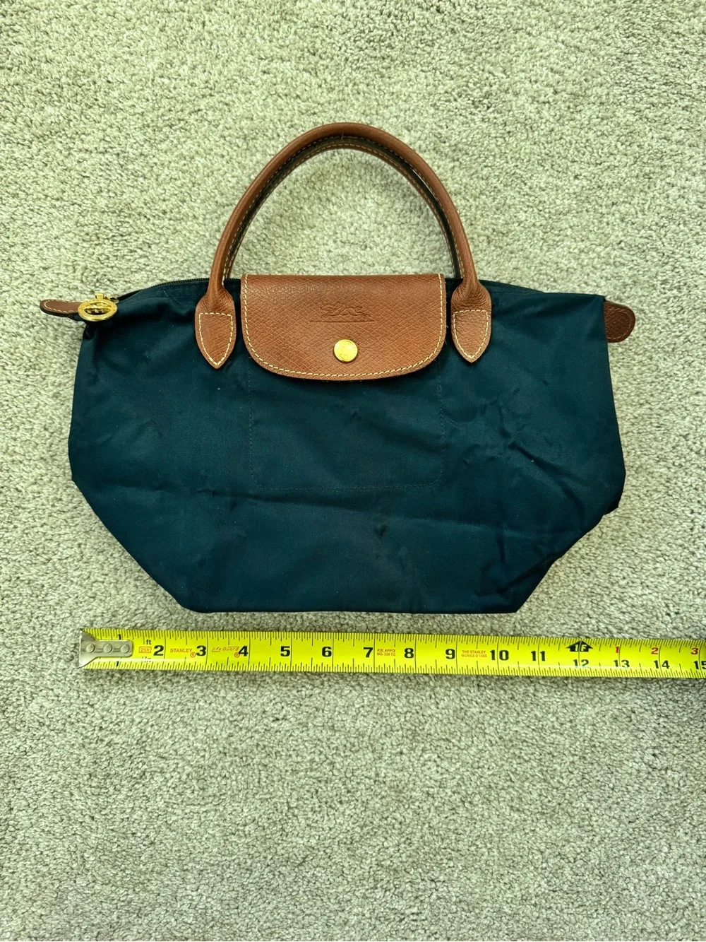Longchamp Le Pliage Small Navy Tote with Brown Leather Trim Quiet Luxury Minimal