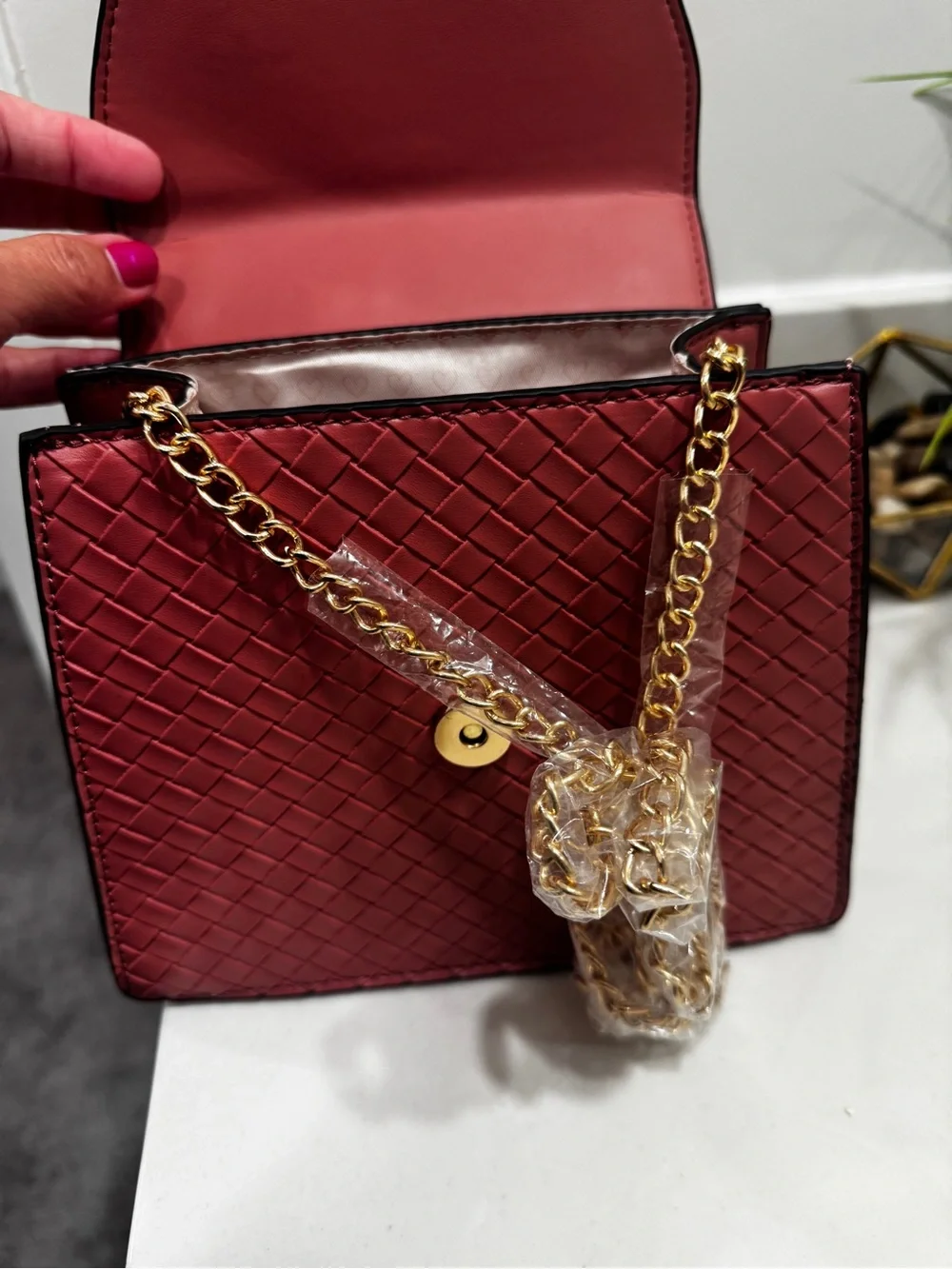 Stylish Woven-Accent Top Handle Bag in Blush pink (it’s not red)