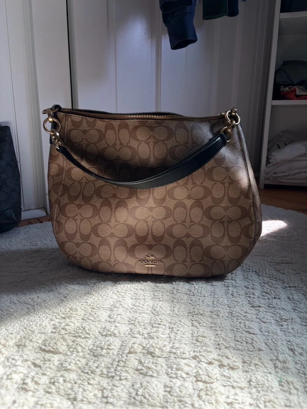 Coach Signature Shoulder Bag in Khaki/Chalk with Brown Trim