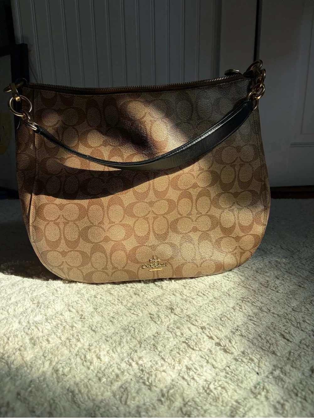 Coach Signature Shoulder Bag in Khaki/Chalk with Brown Trim