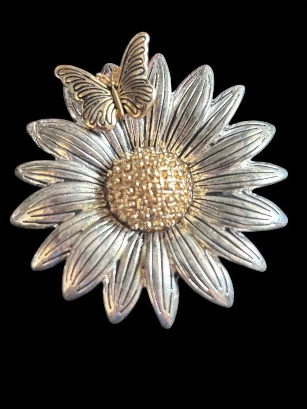 Vtg Two Tone Napier 2” Flower Butterfly Brooch Nature Cottagecore