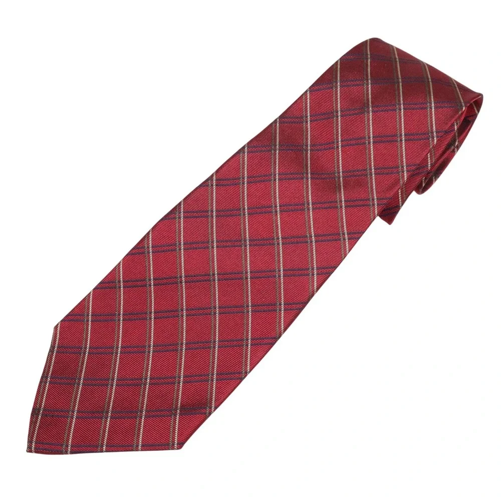Polo Ralph Lauren Red Tartan Plaid Silk Tie Navy Olive Made‎ by Hand USA Classic