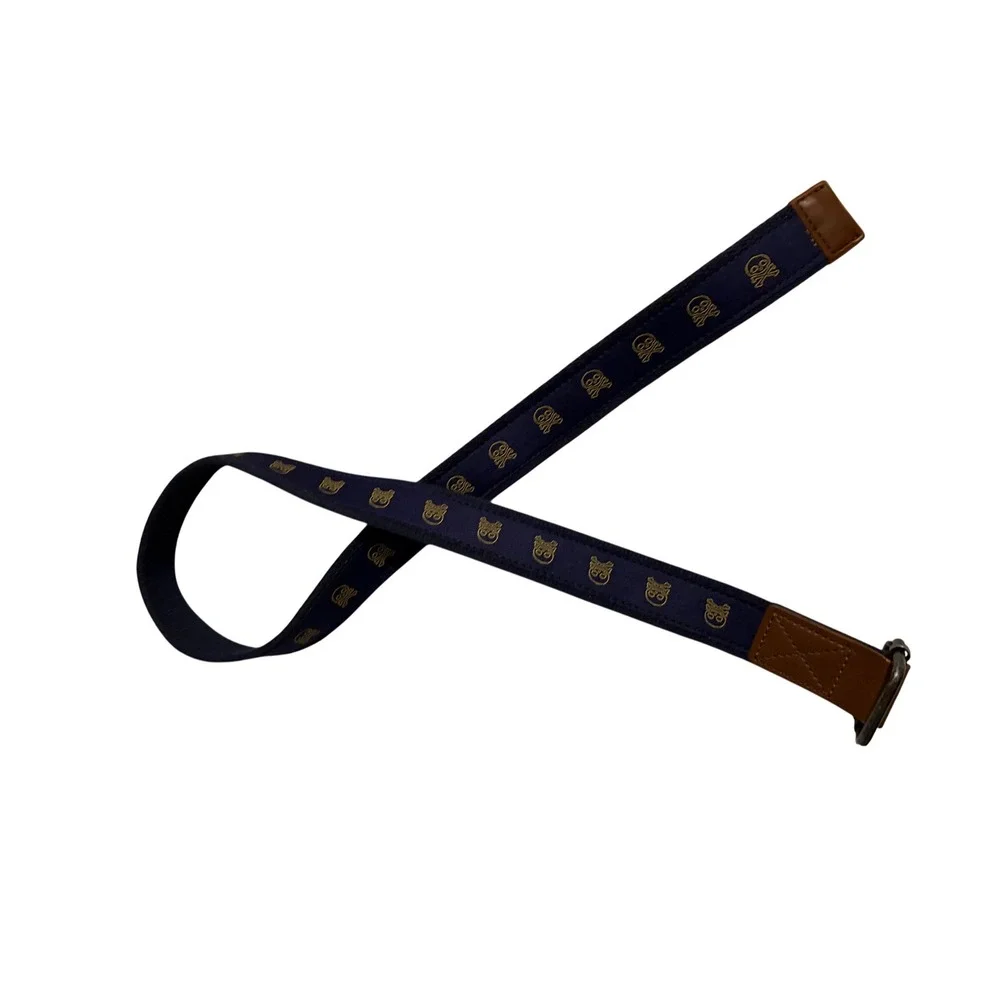 Navy Blue Canvas Web‎ Belt Gold Skull Crossbones Embroidered D-Ring Buckle