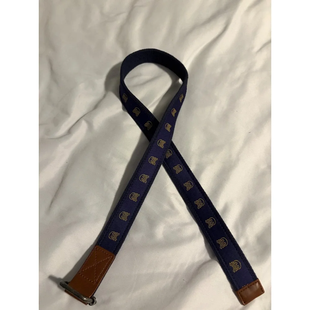 Navy Blue Canvas Web‎ Belt Gold Skull Crossbones Embroidered D-Ring Buckle