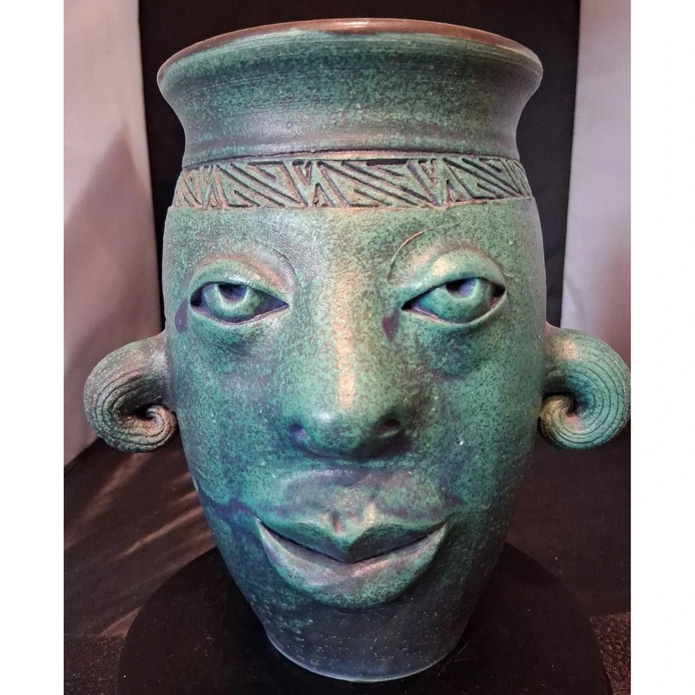 Bruce Fontaine Orig. Turquoise Glazed Ceramic Vase with Abstract Human Face