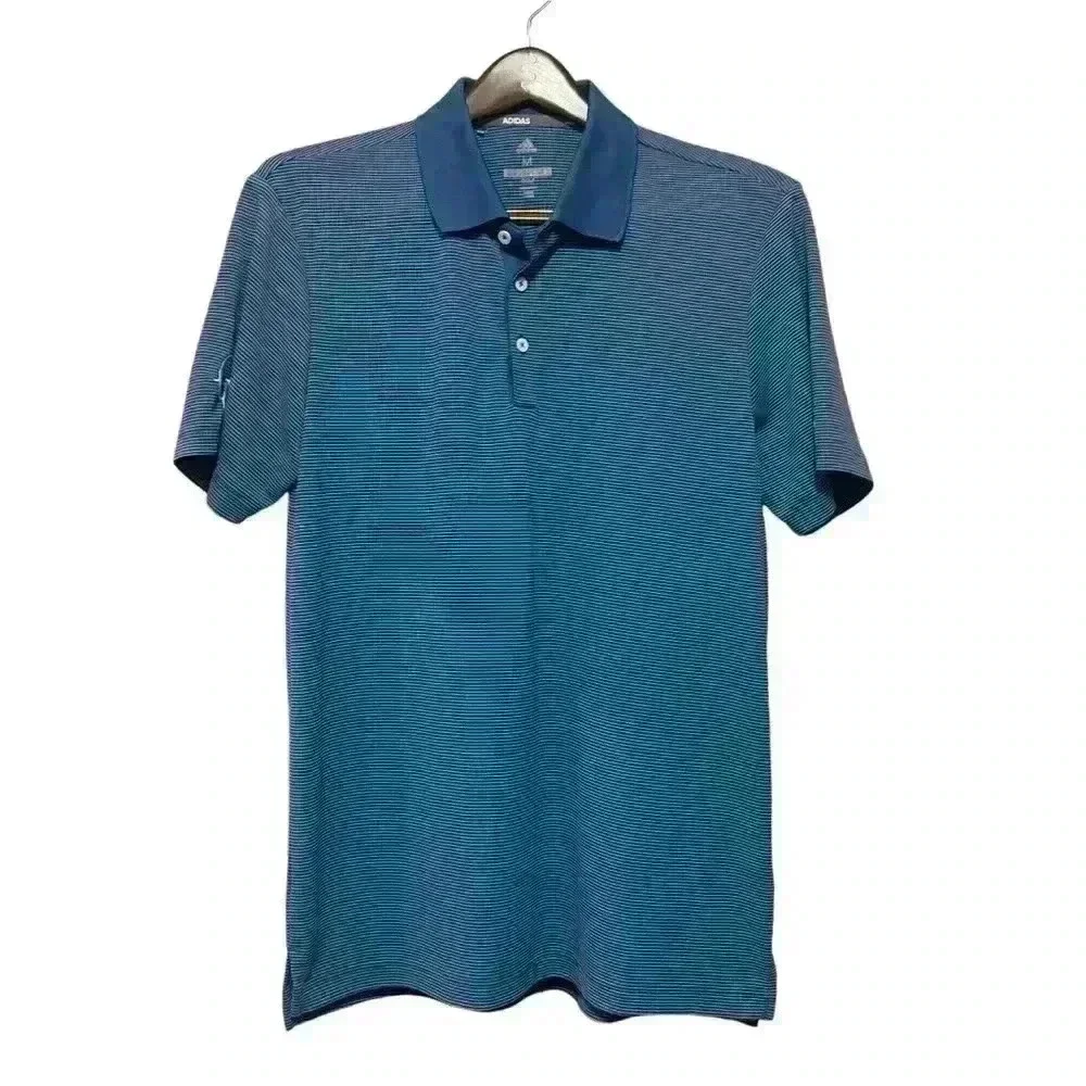 Adidas Golf Polo Shirt Mens Sz M Blue Striped Short Sleeve Moisture Wicking