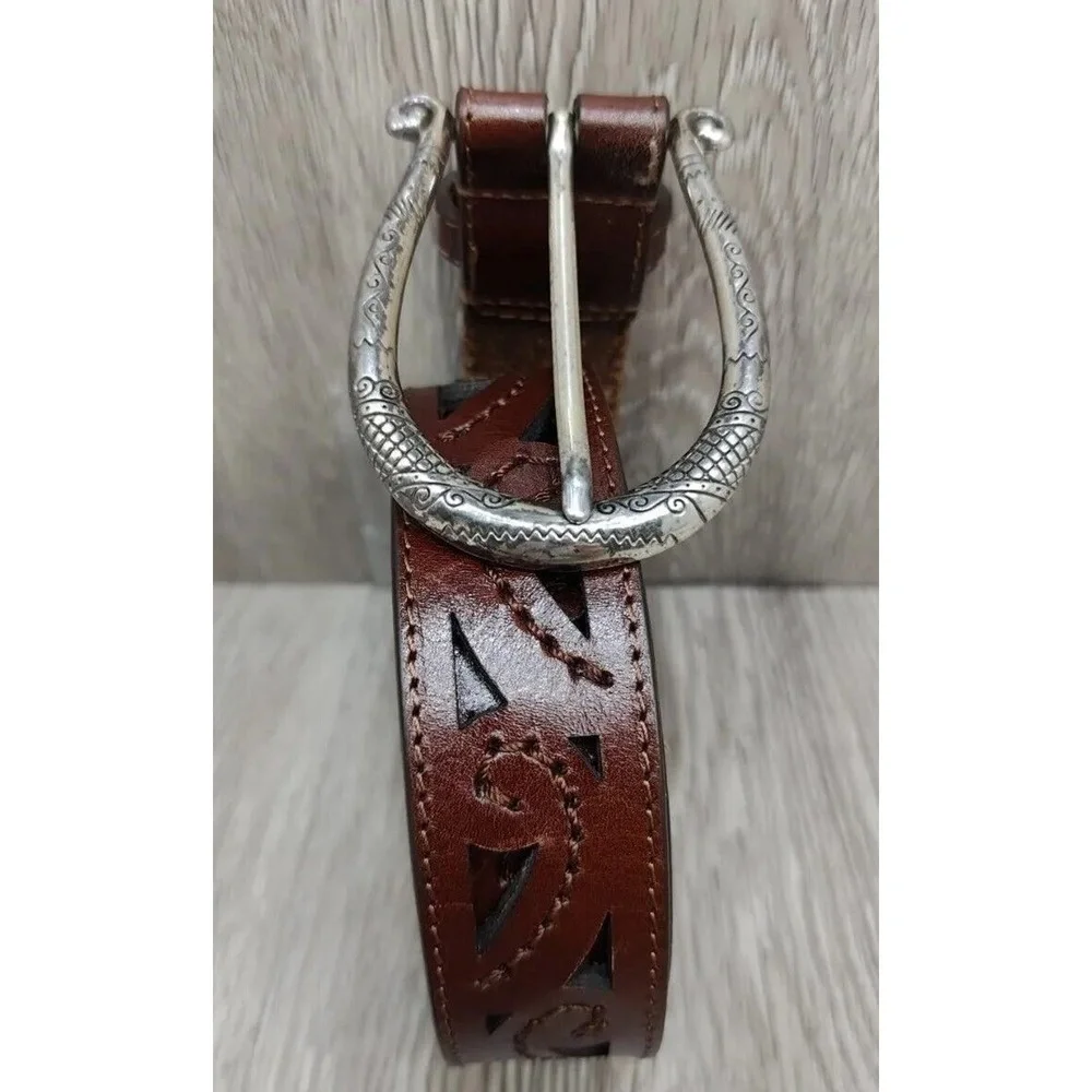 Brighton Women's Belt Brown Western Pattern Silver‎ Buckle Sz M 28