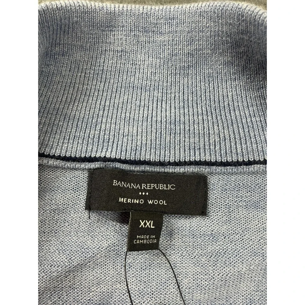 Banana Republic Sweater Mens 2XL Blue Merino Wool 1/4 Zip Mock Neck‎ Pullover