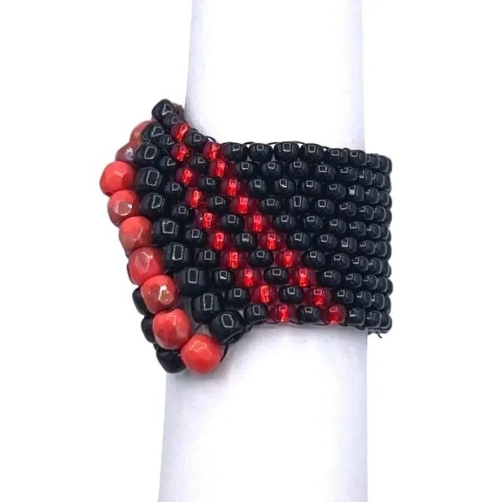 Black with Red Crystal Cellini Spiral Statement Ring Size 7