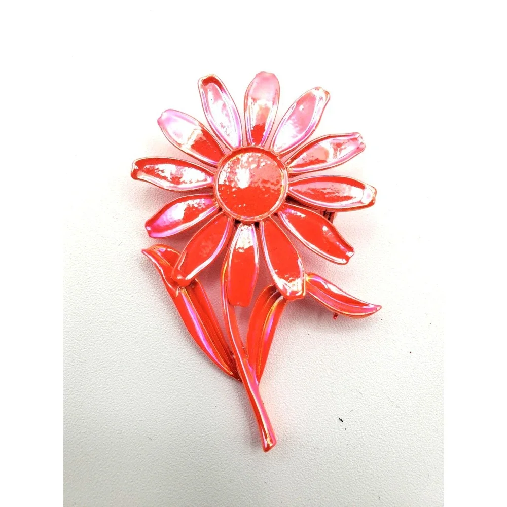 Vintage Mod Pop Art Pinkish Red Pearlized Enamel Flower Brooch Pin