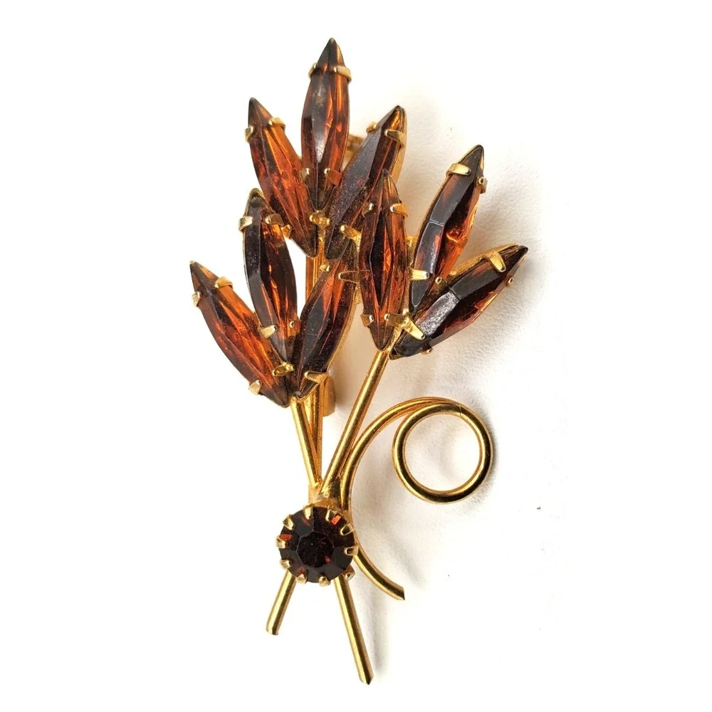 Vintage Amber Colored Rhinestone Floral Spray Quality Pin Brooch