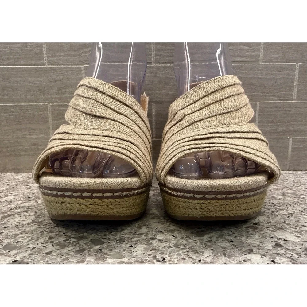 Naturalizer Womens Tan Linen Shimmer Cork Espadrille Wedge Sandals Peep Toe 4in
