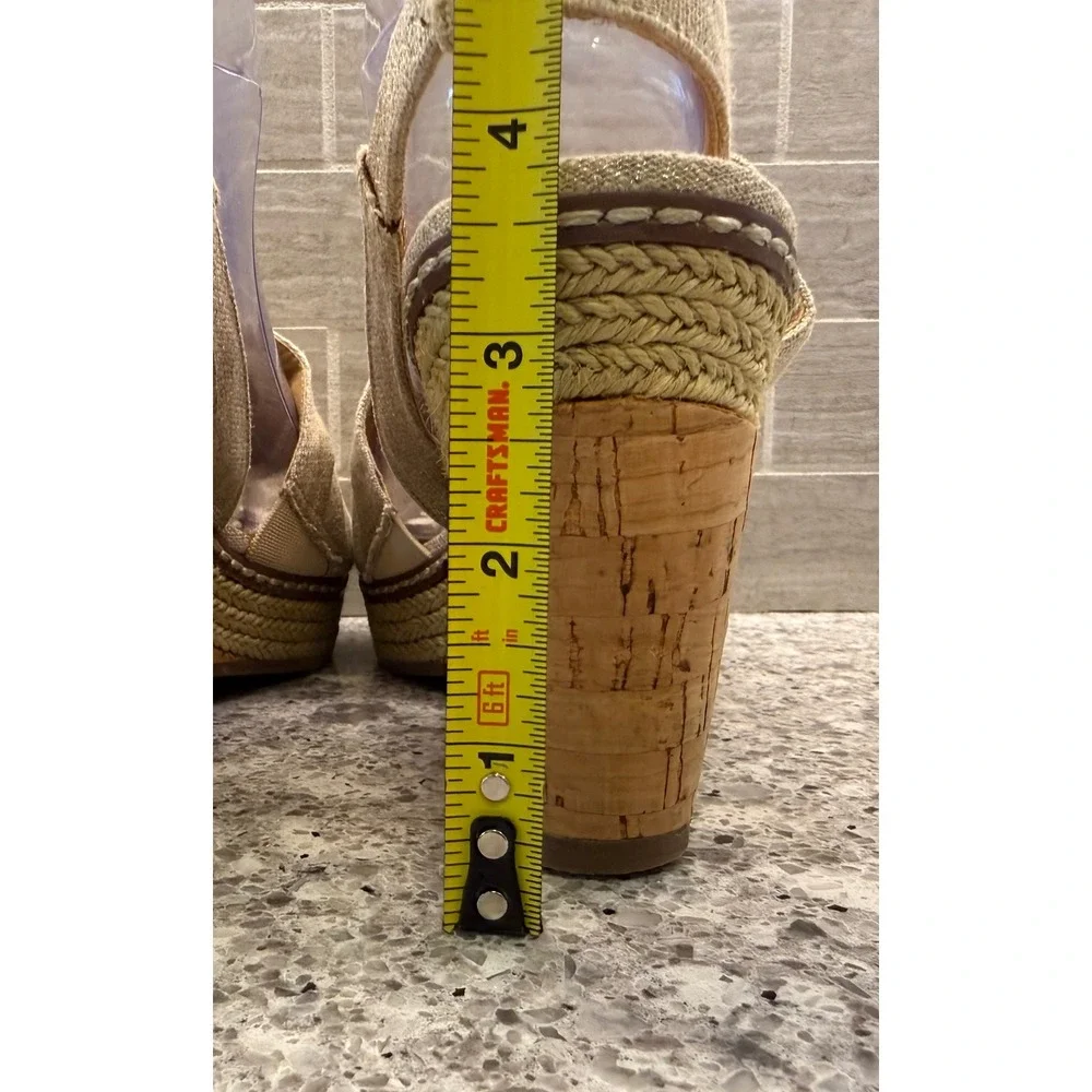 Naturalizer Womens Tan Linen Shimmer Cork Espadrille Wedge Sandals Peep Toe 4in