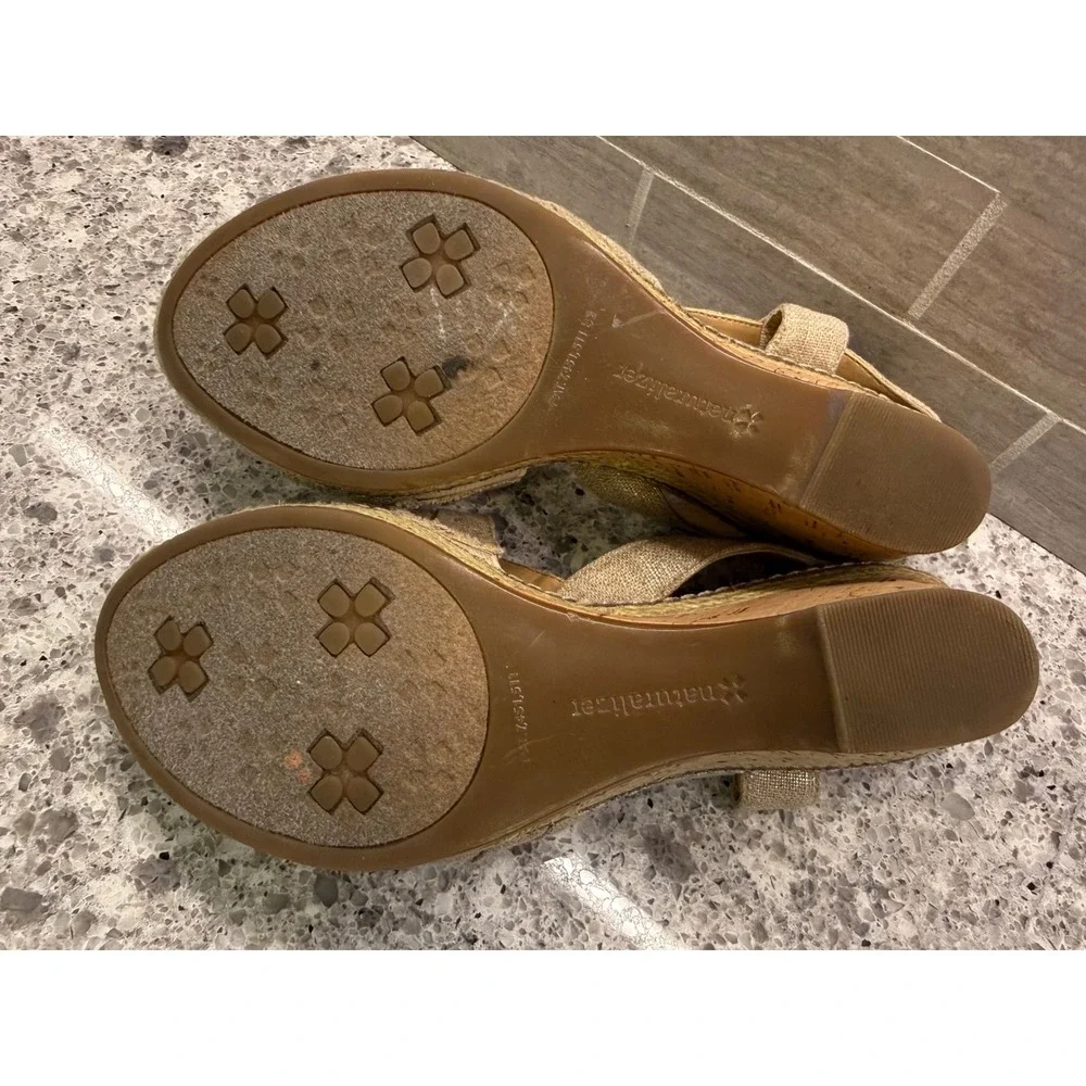 Naturalizer Womens Tan Linen Shimmer Cork Espadrille Wedge Sandals Peep Toe 4in