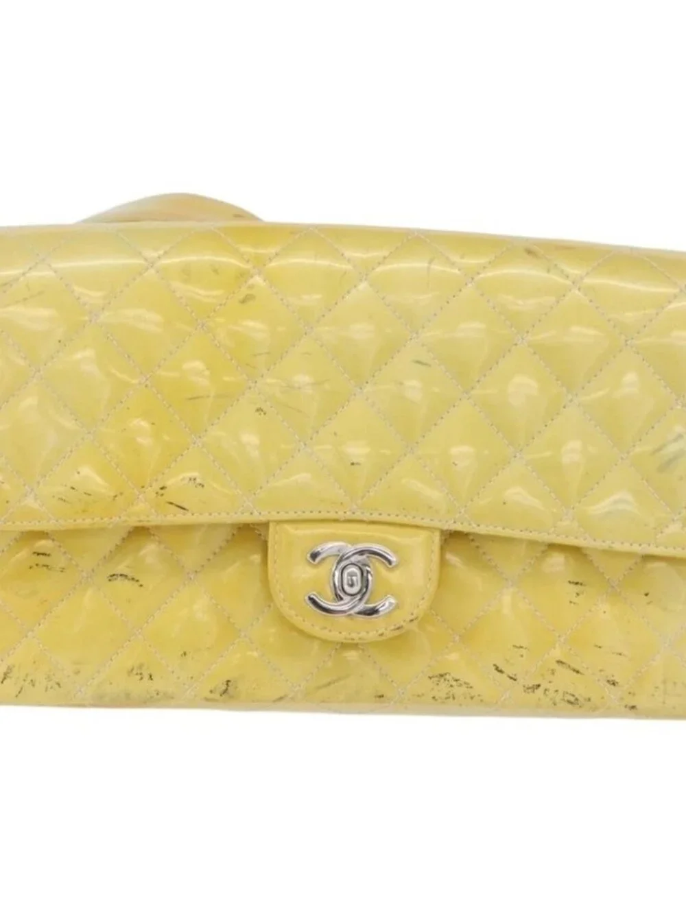 CHANEL Matelasse Backpack Patent leather Yellow Silver CC Auth 89374
