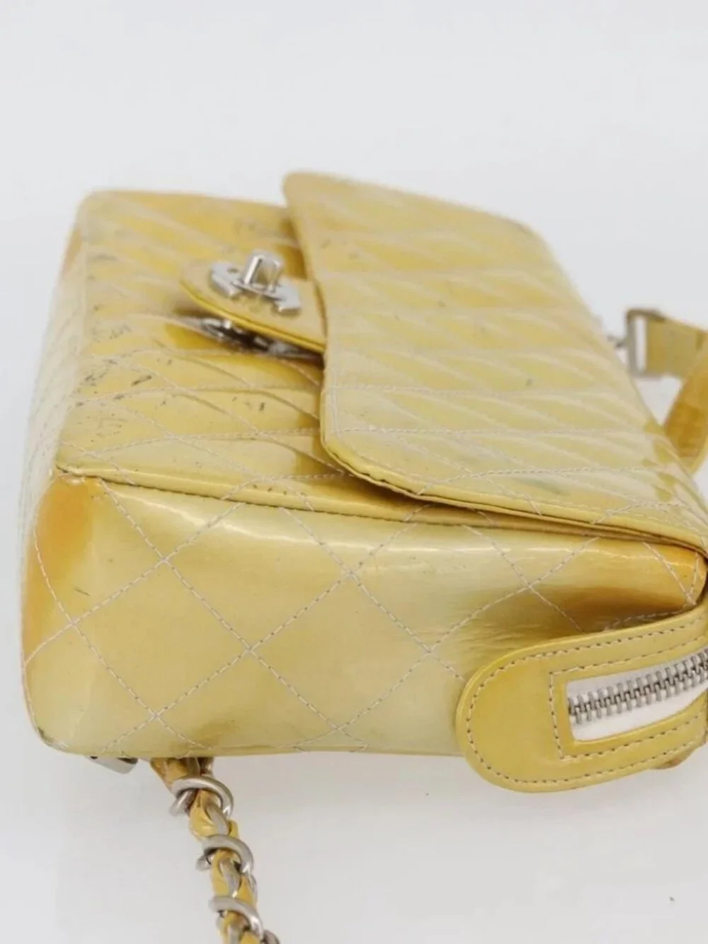 CHANEL Matelasse Backpack Patent leather Yellow Silver CC Auth 89374