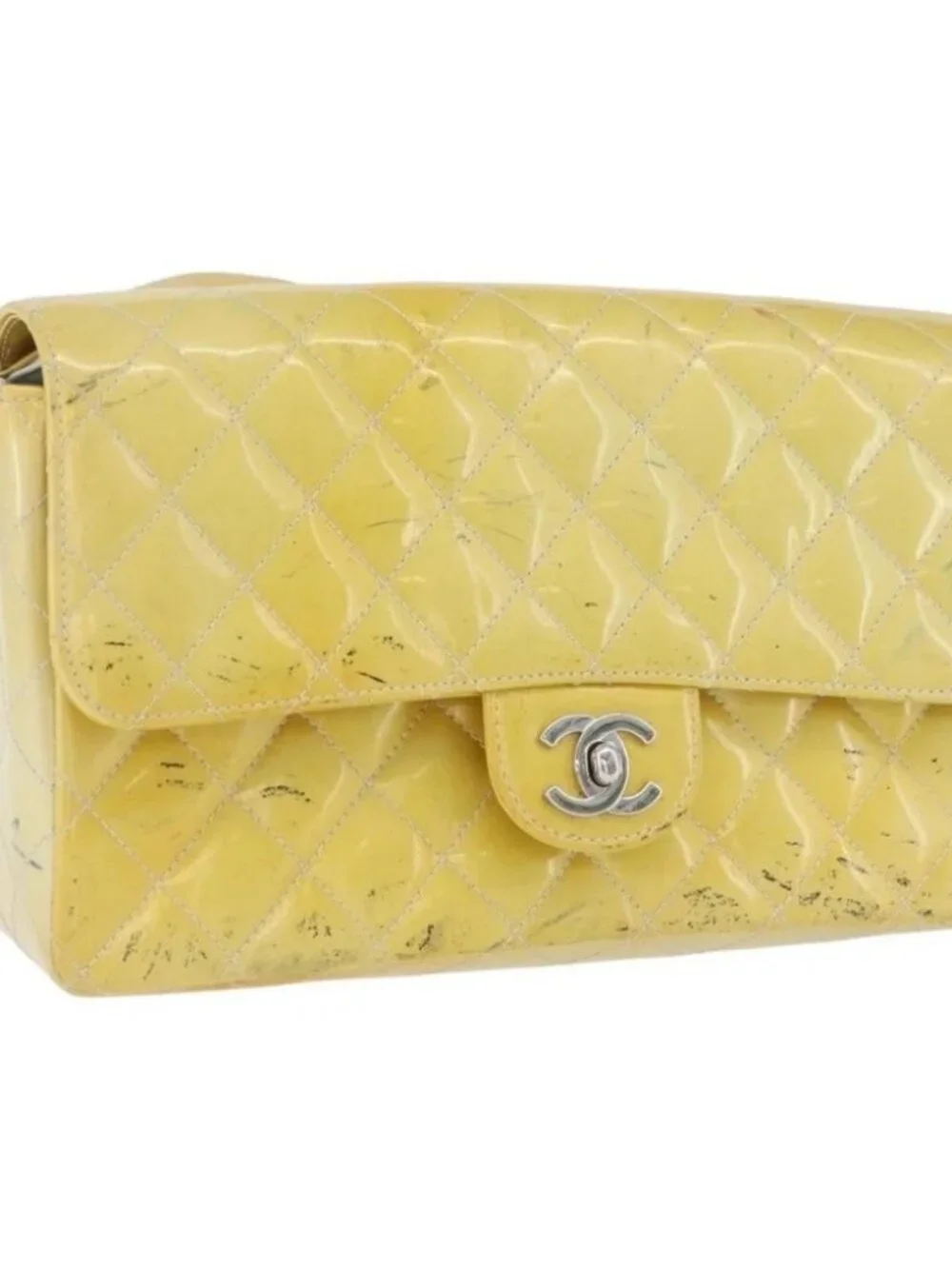 CHANEL Matelasse Backpack Patent leather Yellow Silver CC Auth 89374