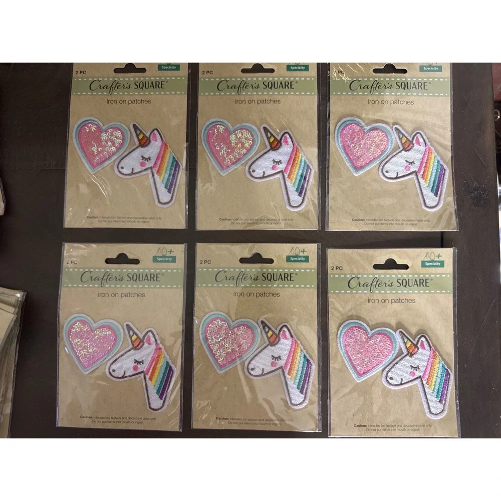Crafter's Square 6 Pack Unicorn and Sequin Heart Iron On Patches Rainbow Pink