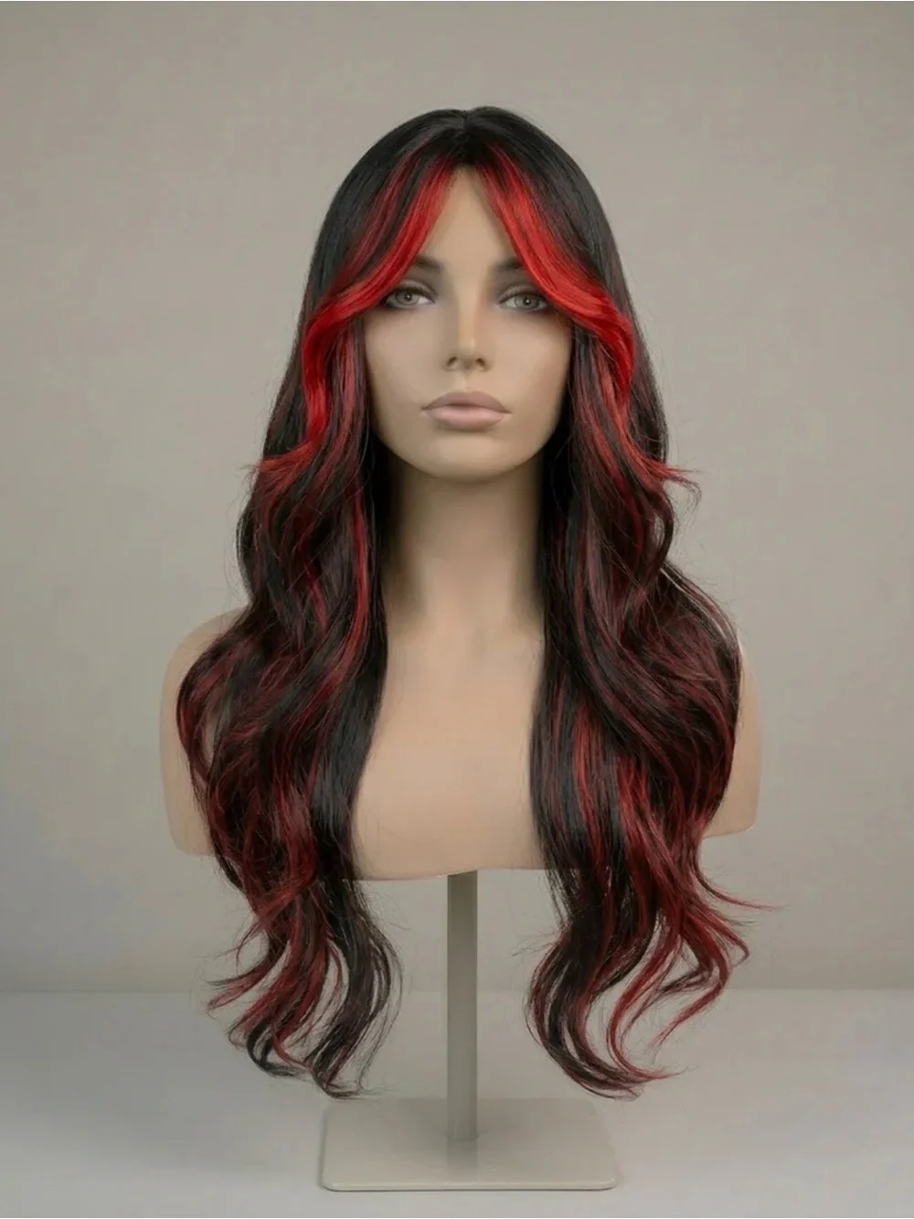 Black and Red Long Wavy Curtain Bang Full Cap Wig