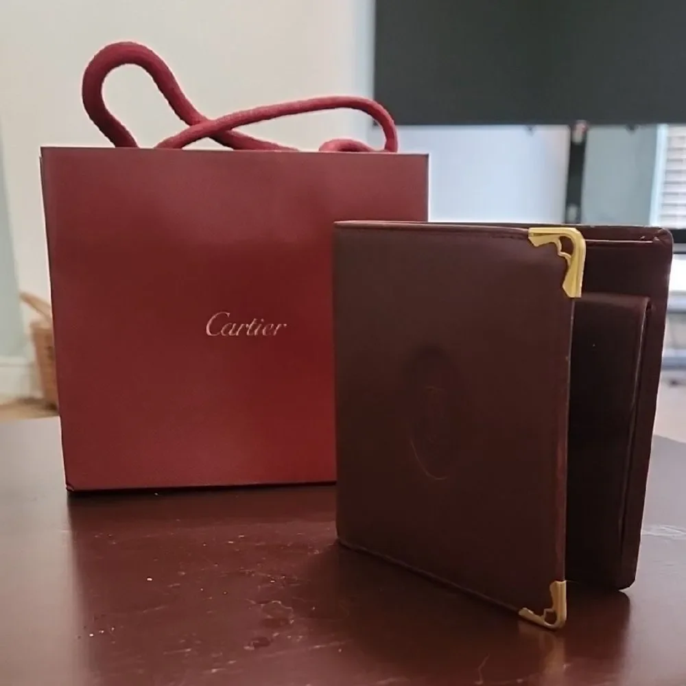 Cartier Dark Brown Leather Wallet with Gold Corners
