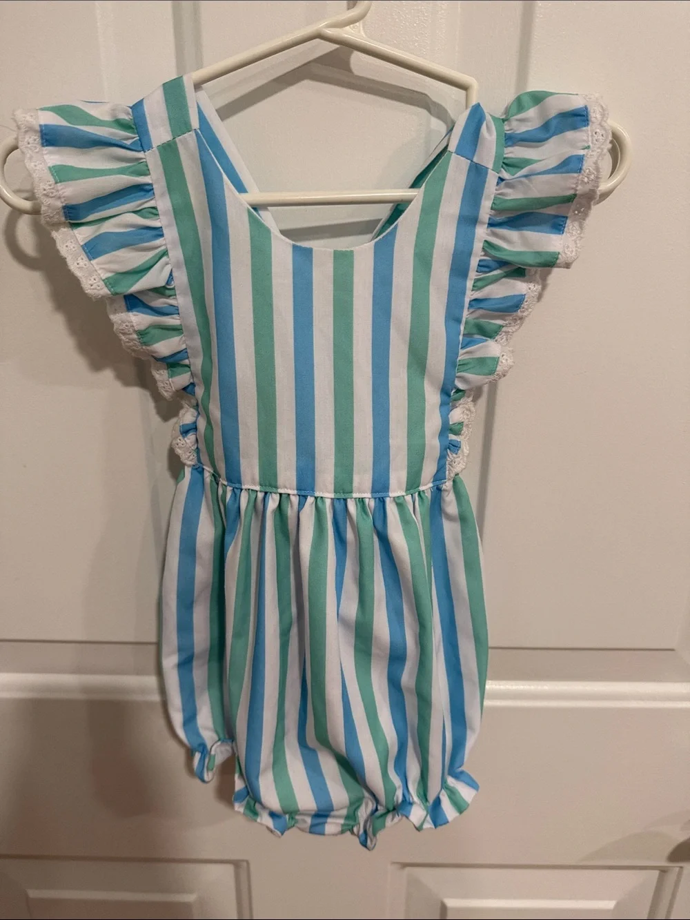 Striped Blue & Green Ruffle-Sleeve Baby One-Piece