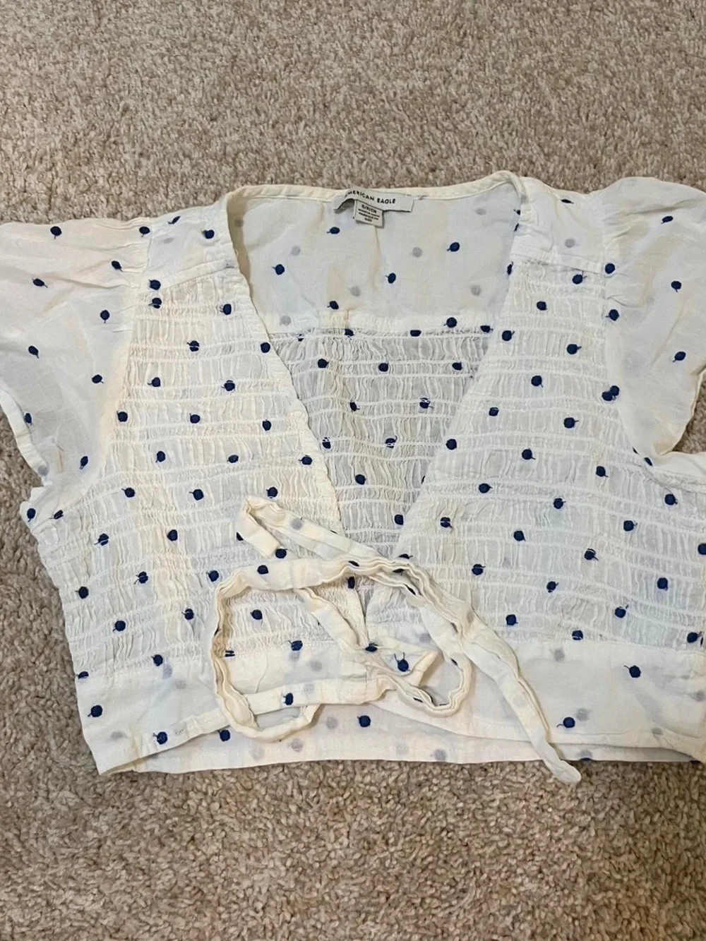 American Eagle White Smocked Polka Dot Tie-Front Crop Top