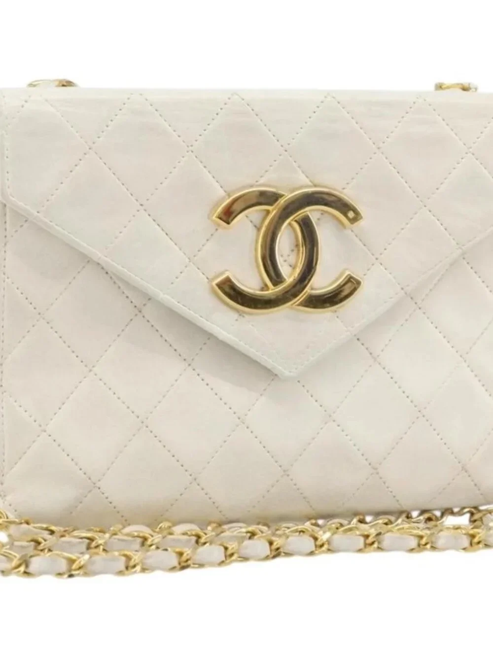 CHANEL Matelasse Chain Shoulder Bag Lamb Skin White Gold CC Auth YKZ1616