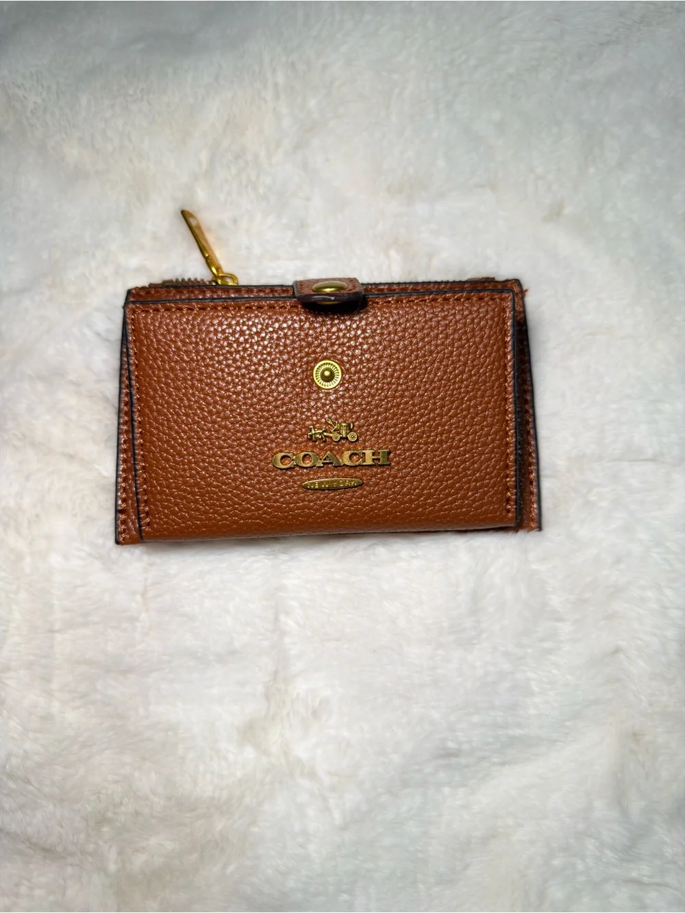 Coach Brown Pebbled Leather Card Wallet with Gold Hardware