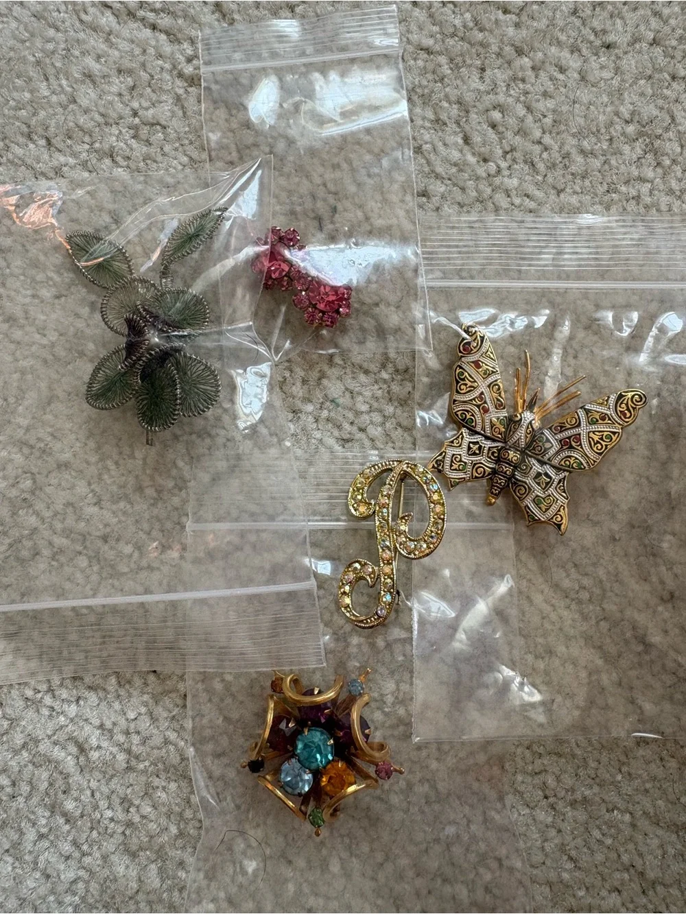 Lot of 5 Assorted Colorful Vintage Brooches - Butterfly, P Initial, Gem Cluster