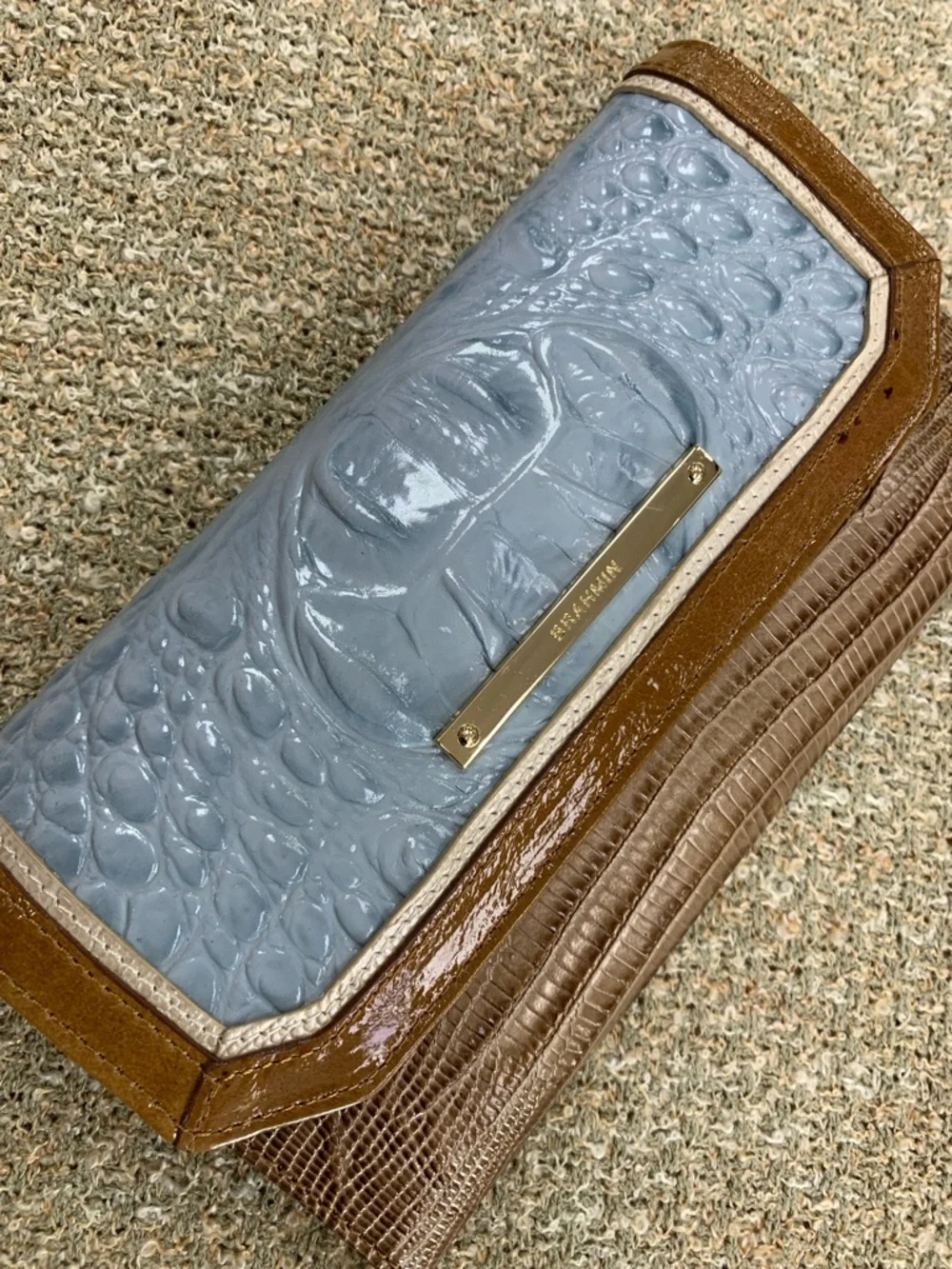 Brahmin Glossy Croc-Embossed Clutch in Light Blue & Brown