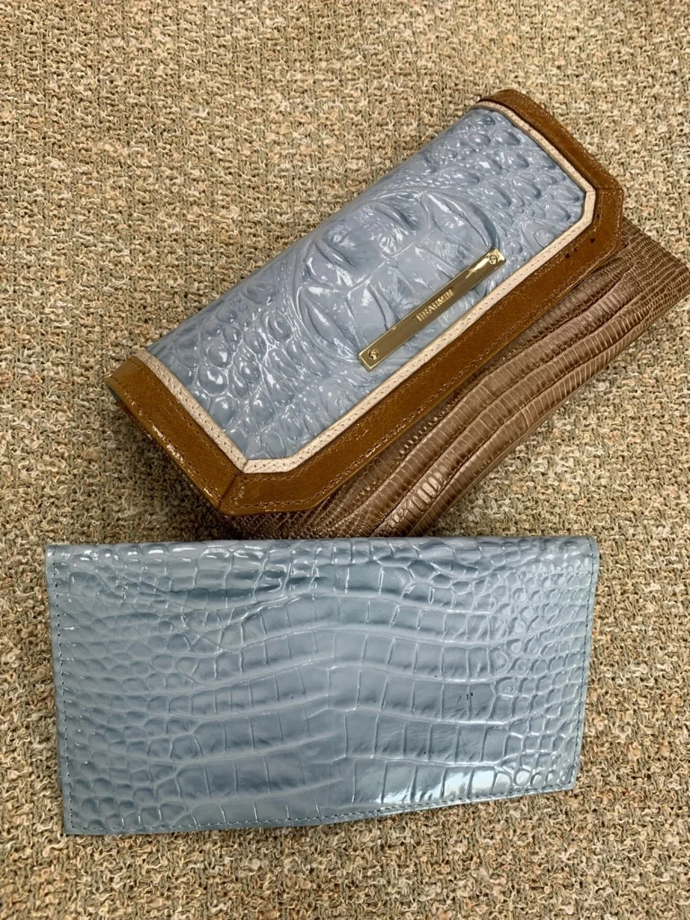 Brahmin Glossy Croc-Embossed Clutch in Light Blue & Brown