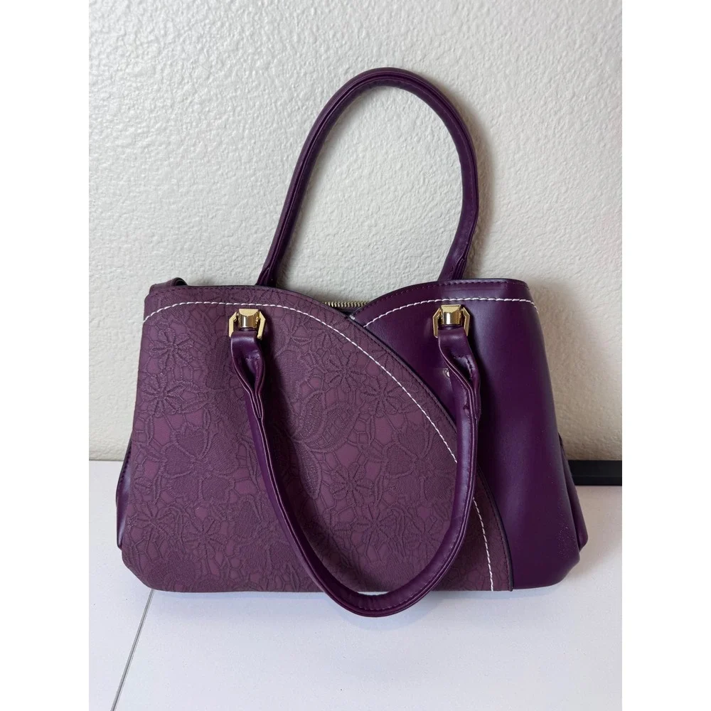 Y2K Purple Faux Leather‎ Lace Overlay Satchel Bag Women Medium Structured Chic