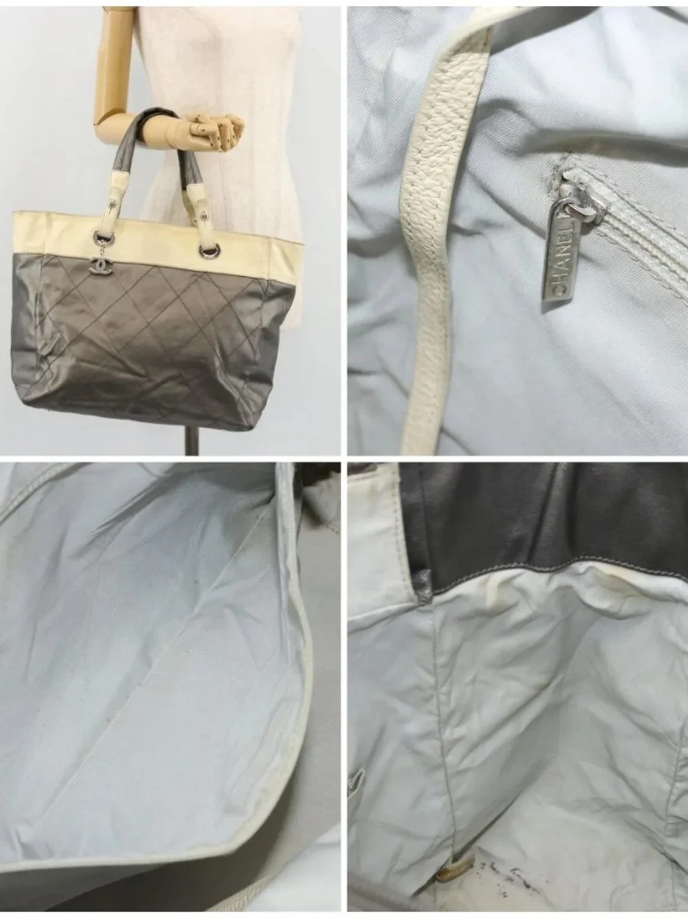 CHANEL Paris Biarritz GM Tote Bag Coated Canvas Gray Silver CC Auth bs34403