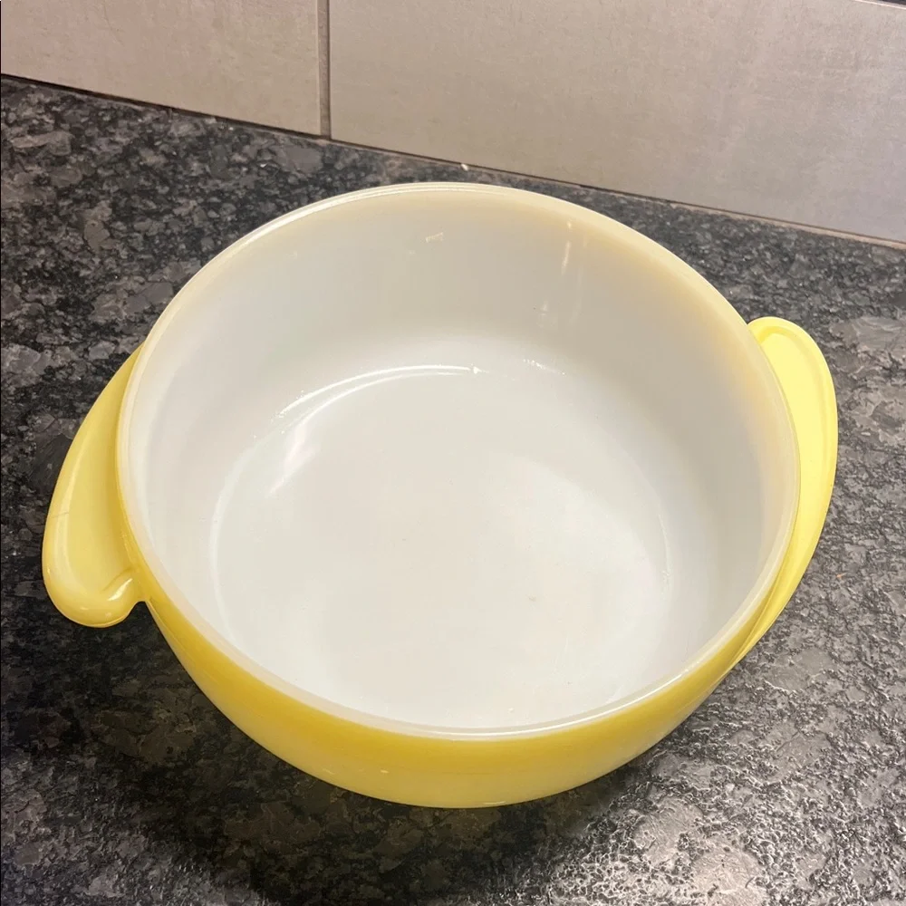 Glass Bake Yellow and White Ceramic Bowl. 8” wide.