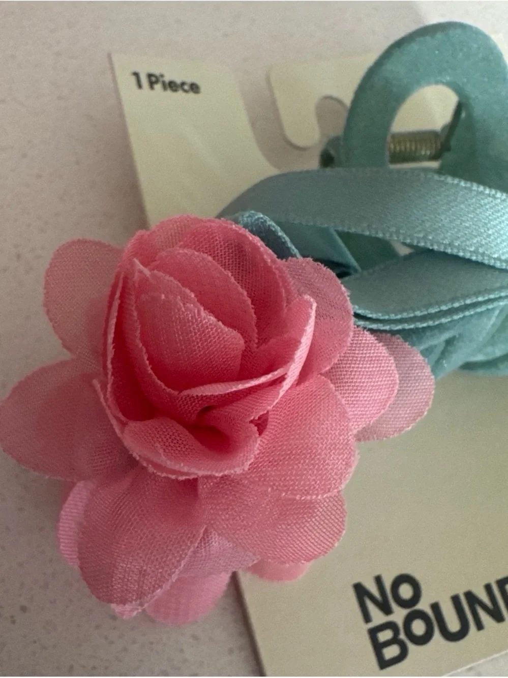 No Boundaries Pink Flower Teal Clip with Ribbon Accent
