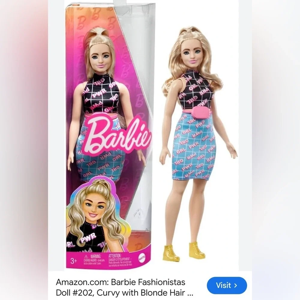 Barbie Fashionistas 202 Curvy Girl Power Outfit HJT01 Mattel Blonde Hair Zip Bag