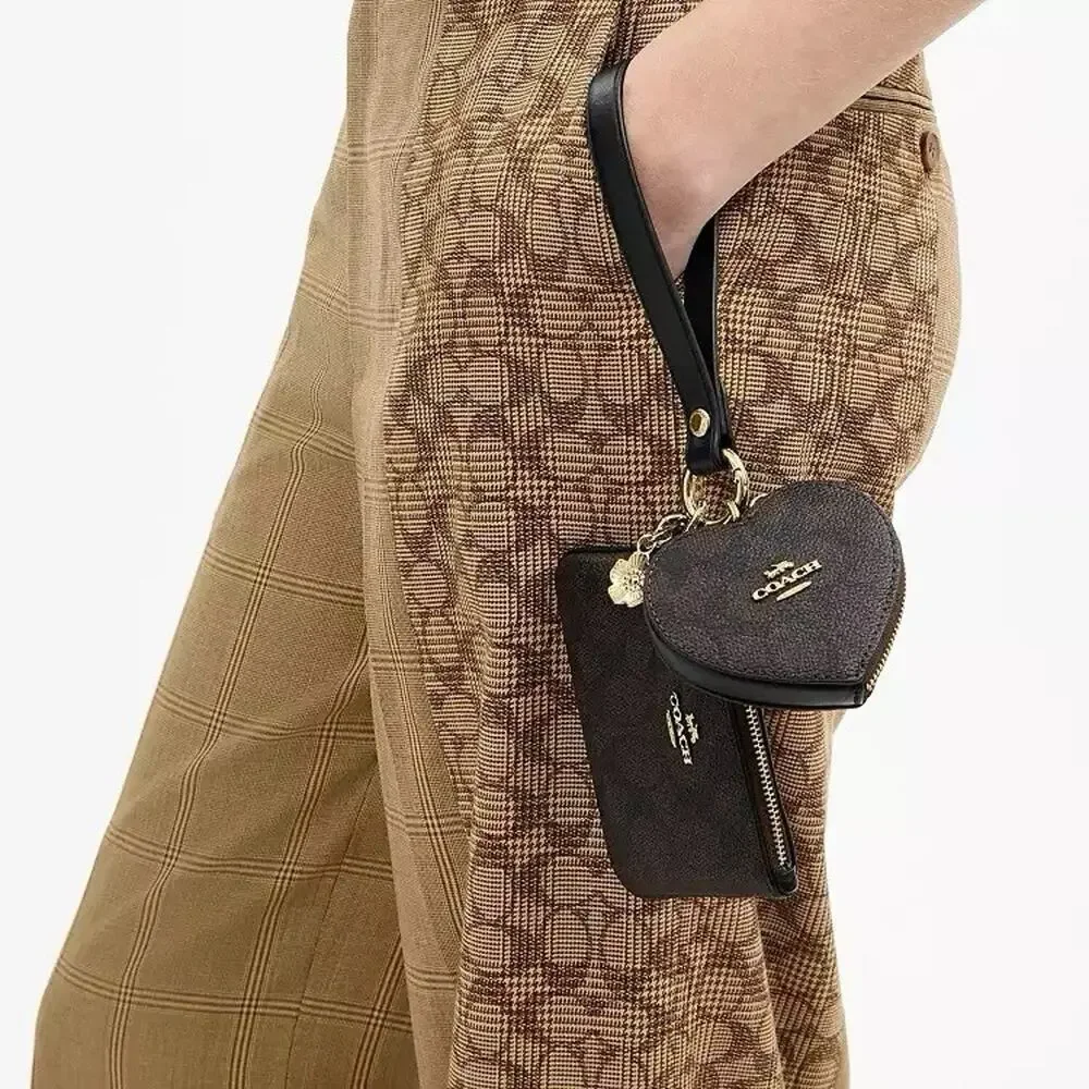 NWT Coach Wristlet And Heart Pouch Signature Canvas Charm Walnut/Black CEO28