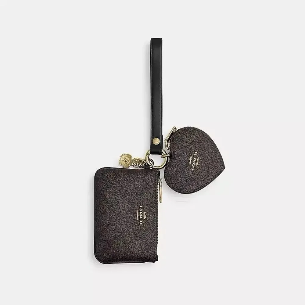 NWT Coach Wristlet And Heart Pouch Signature Canvas Charm Walnut/Black CEO28