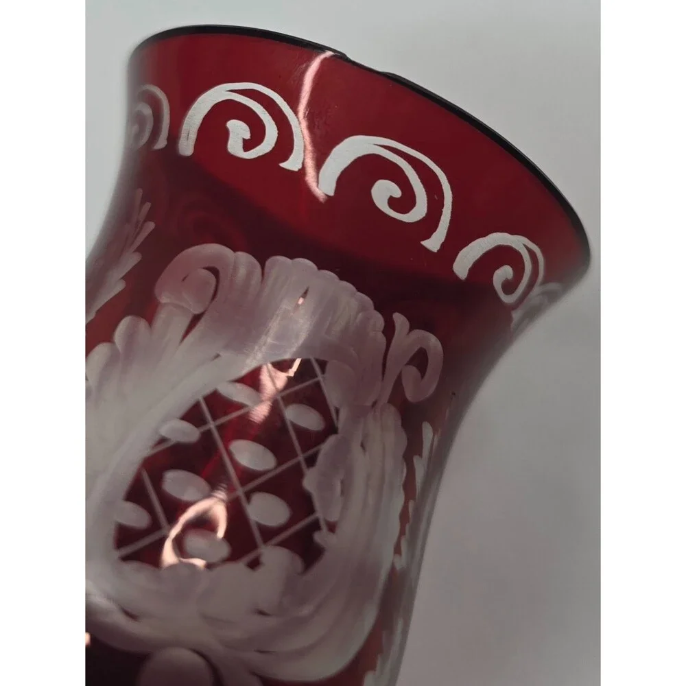 Vintage Egermann Bohemian Ruby Red Etched Cordial Glasses | Set of 5 | Cut Clear