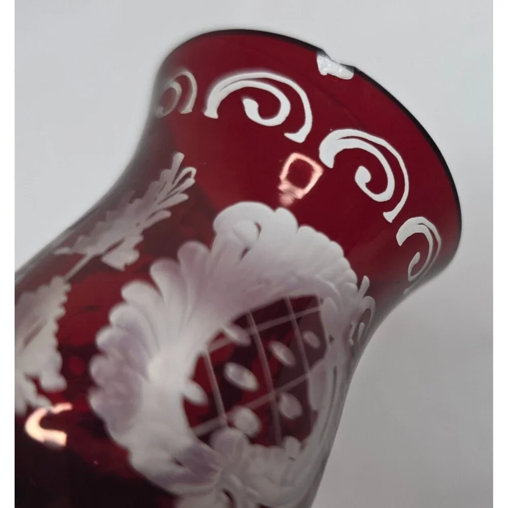 Vintage Egermann Bohemian Ruby Red Etched Cordial Glasses | Set of 5 | Cut Clear