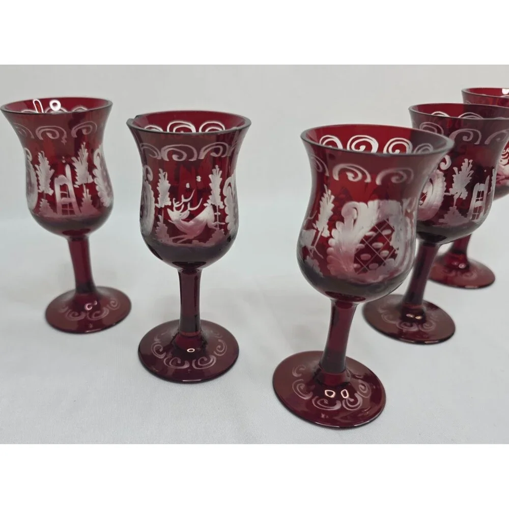 Vintage Egermann Bohemian Ruby Red Etched Cordial Glasses | Set of 5 | Cut Clear