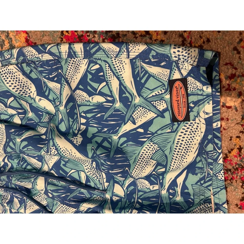 Vineyard Vines Mens Blue Fish Print Swim‎ Trunks Board Shorts Mesh Lining Size M