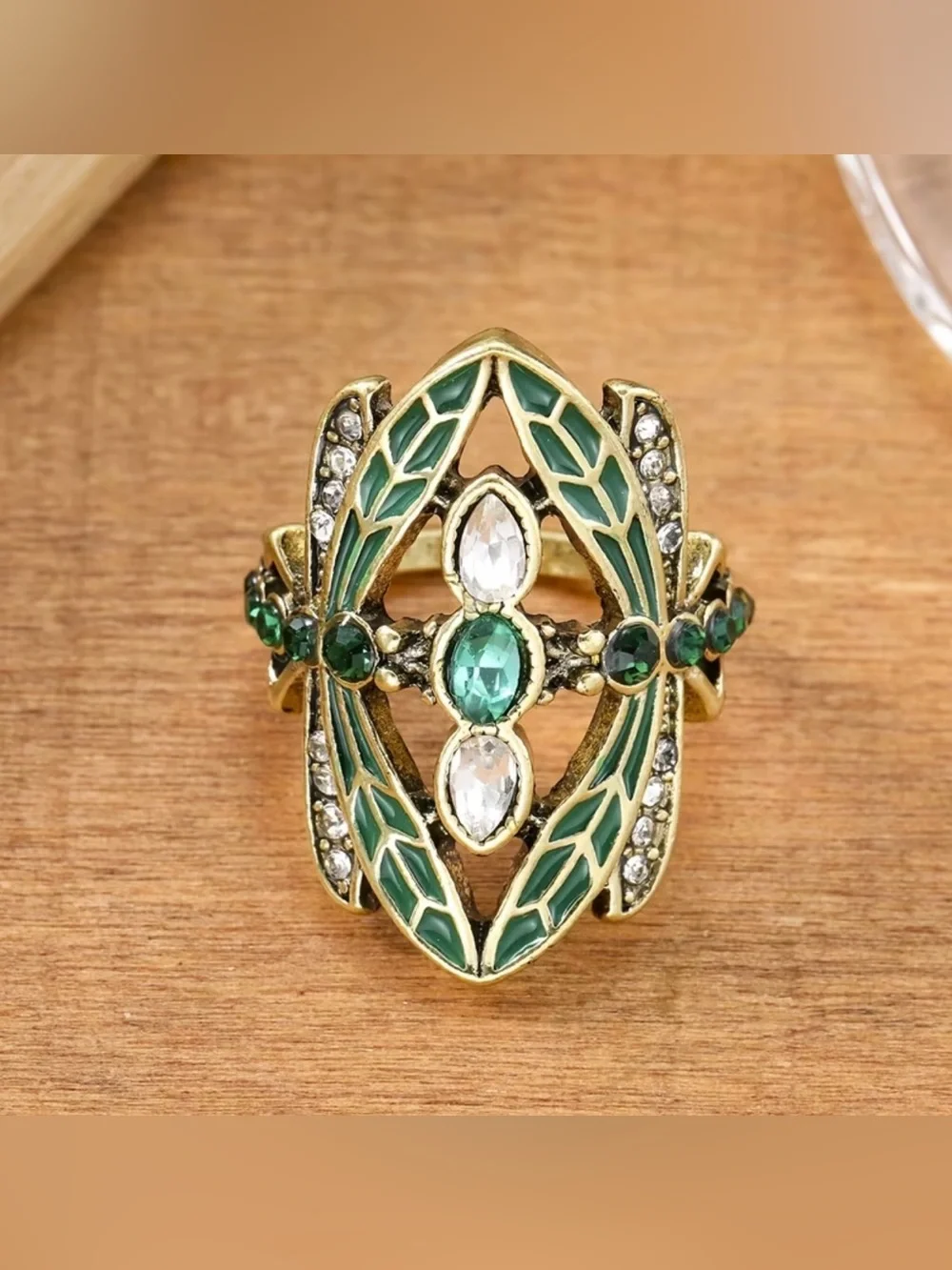 NEW! Green Enamel Dragonfly Ring with Emerald and Crystal Accents.