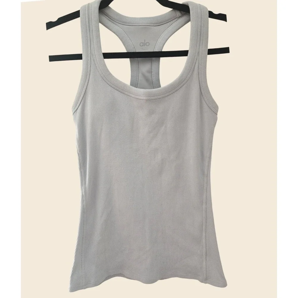 Alo Yoga Ribbed Racerback Tank Top Light Blue Grey Athletic Yoga Top Women Small