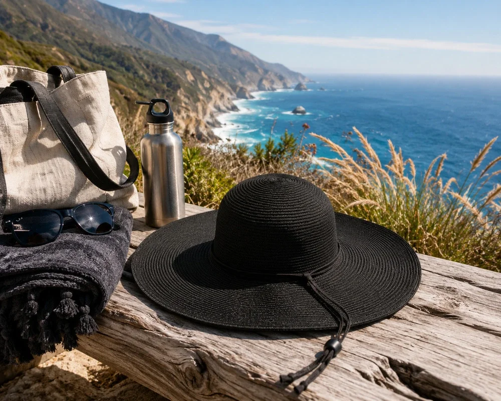 San Diego Hat Co Black Wide Brim Sun Hat Chin Strap Woven Beach M UPF Style