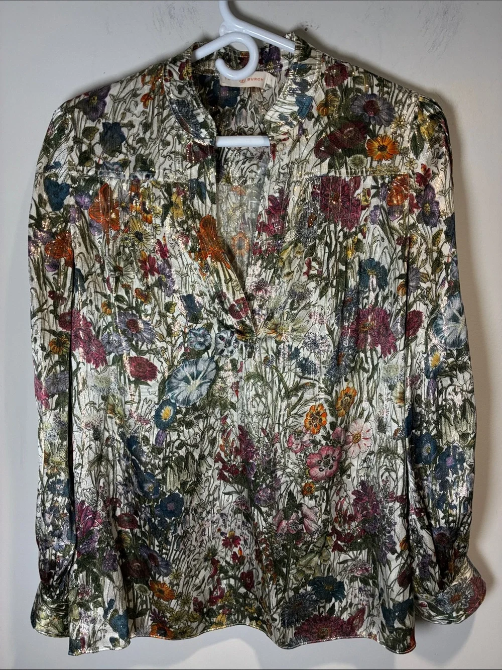 NWT Tory Burch Silk Metallic Floral Blouse Ivory Gold Size 4