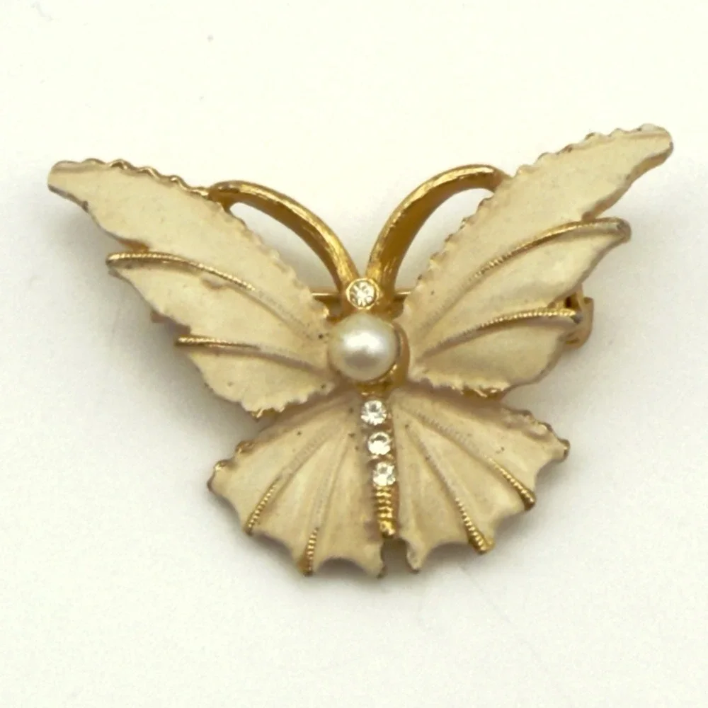 Vintage Butterfly Rhinestone Brooch Cream Enamel Faux Pearl Gold Tone