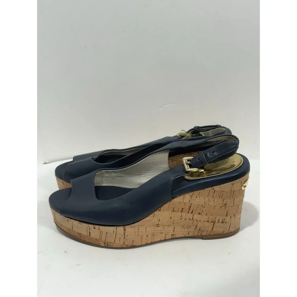 Michael Kors Women's Natalia Sling Back Wedge Cork‎ Sandal Leather Peep Toe 5M