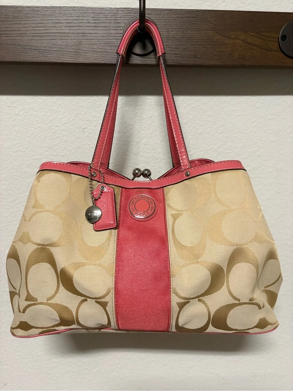 Coach Beige Signature Tote with Pink Trim